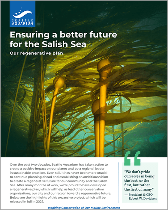 The front cover of the Seattle Aquarium's Regenerative Plan document. It features the Seattle Aquarium logo and the title "Ensuring a better future for the Salish Sea: Our regenerative plan."